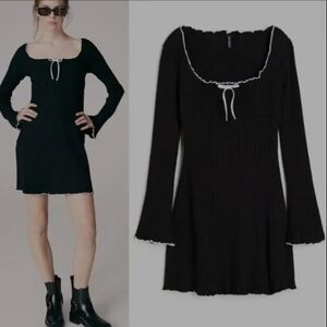 Viral H&M Divided Black Ribbed Square-Neck Mini Dress with Contrast Trim